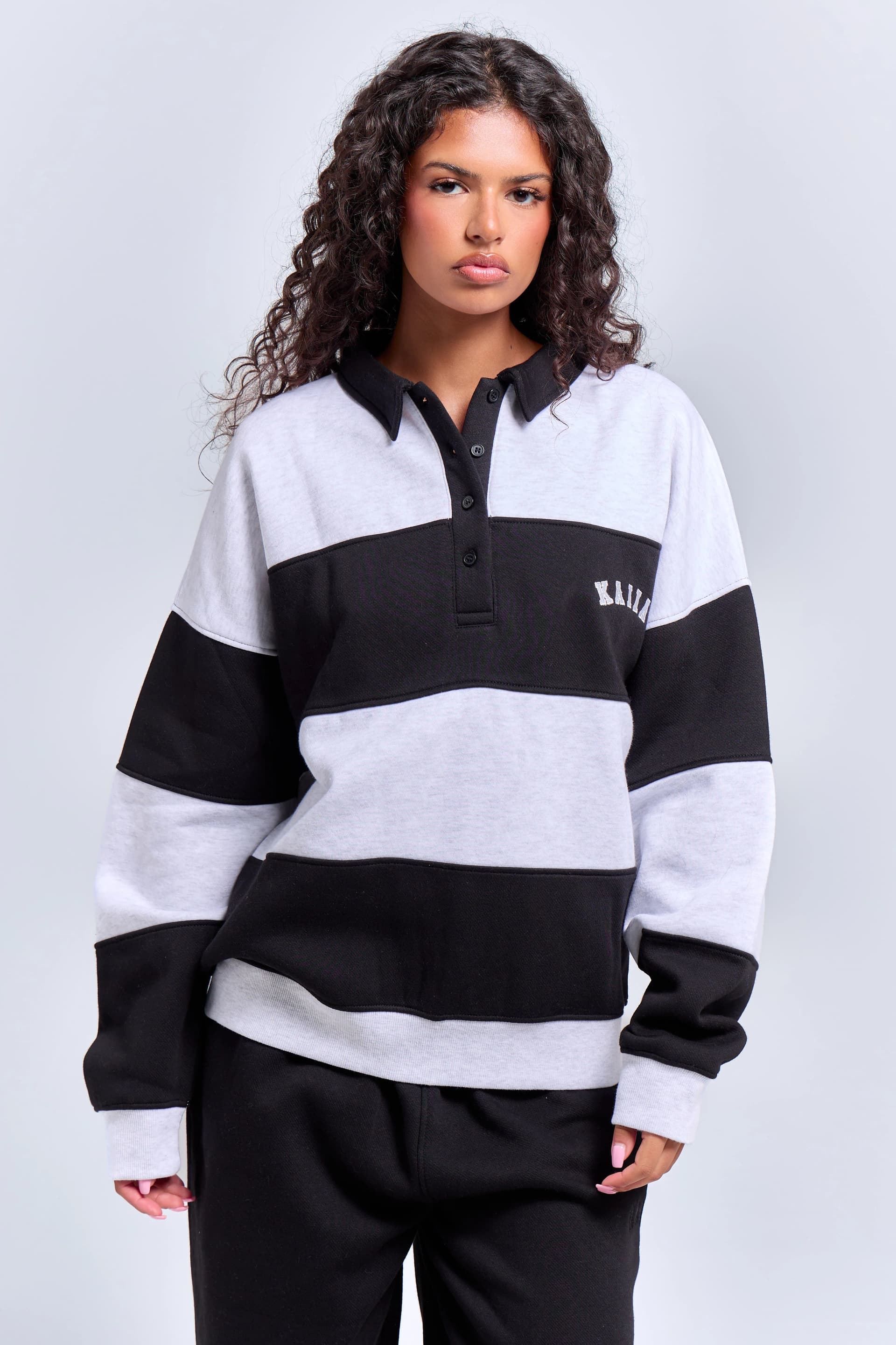 Kaiia Kaiia Striped Oversized Rugby Sweatshirt Light Grey Marl & Black
