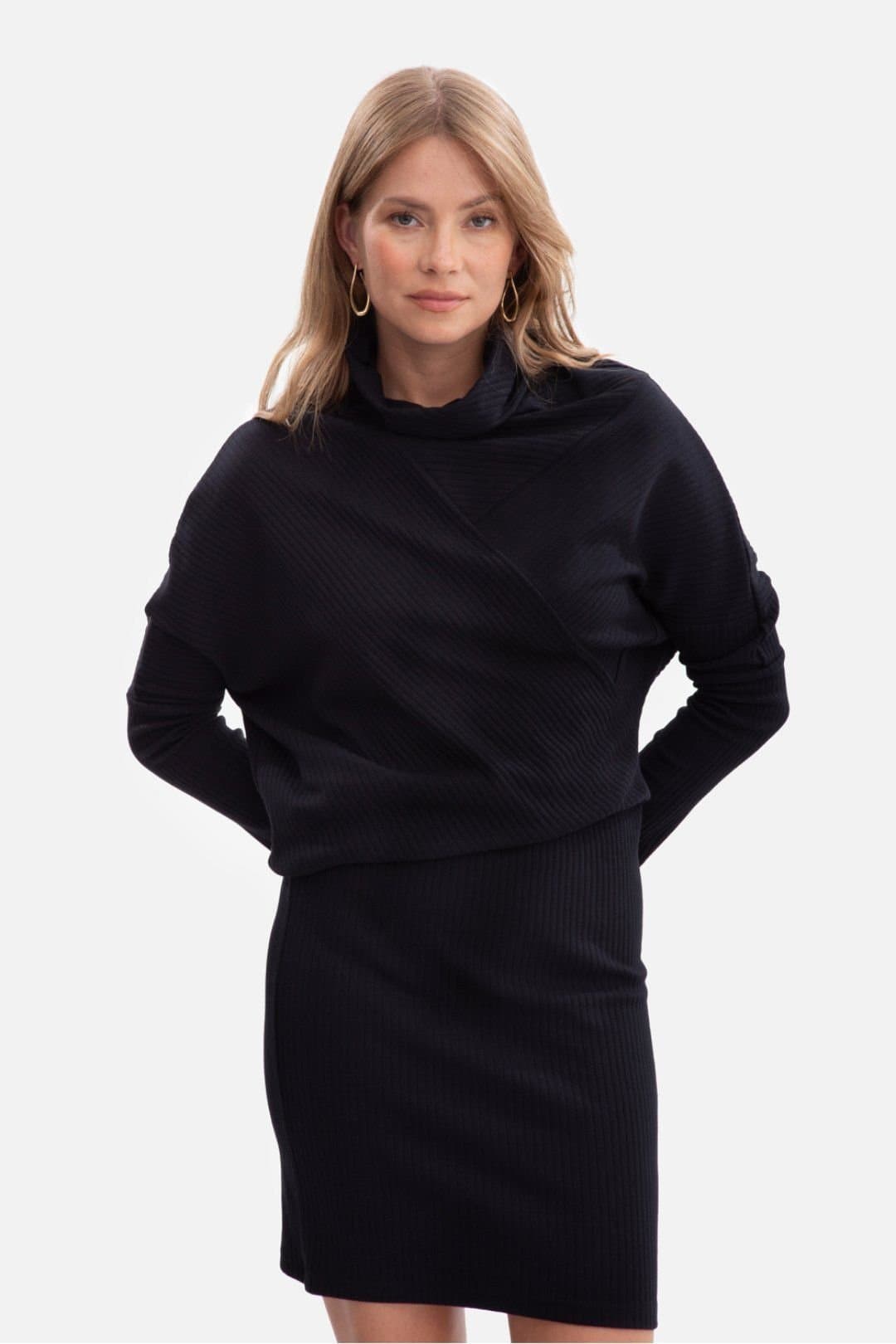 Love Lace Love Lace Women's Ribbed High Collar Batwing Sleeve Dress in Black
