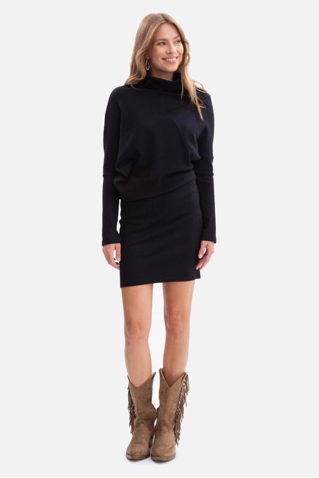 Love Lace Love Lace Women's Ribbed High Collar Batwing Sleeve Dress in Black - 2