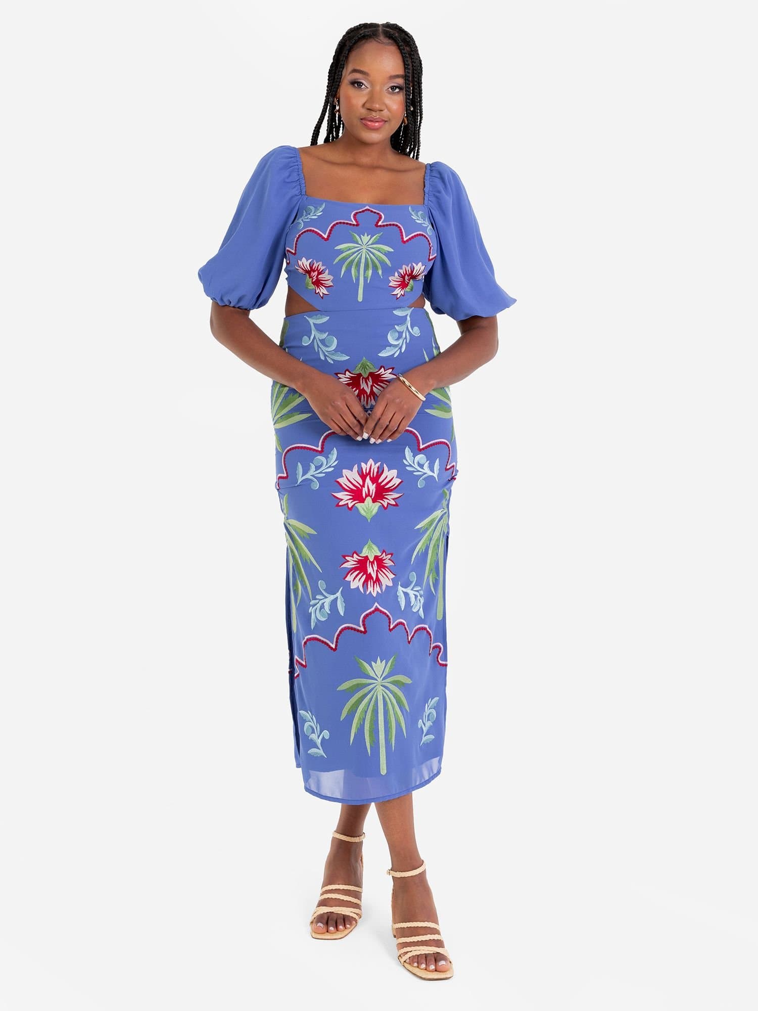 Maya Deluxe Maya Deluxe Women's Embroidered Tie Back Midaxi Dress in Blue