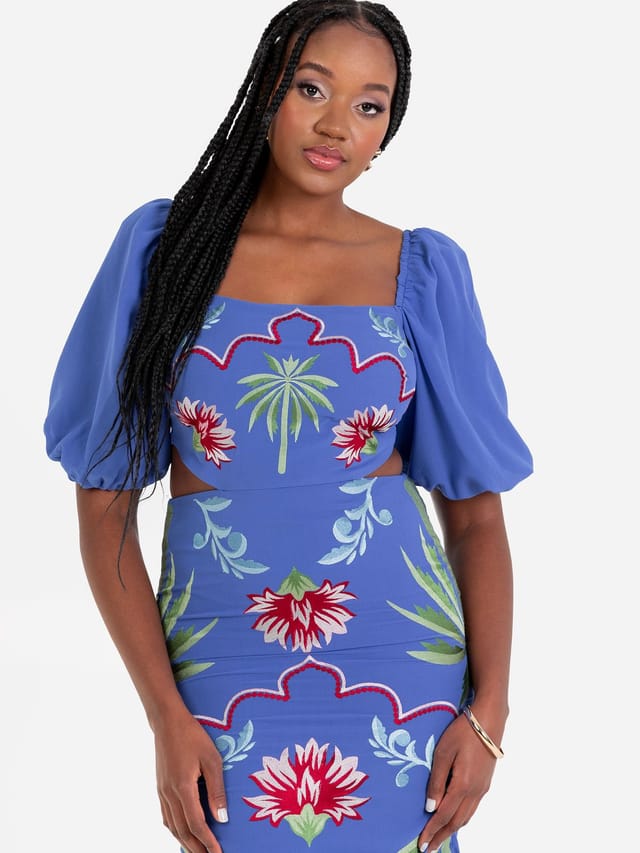 Maya Deluxe Maya Deluxe Women's Embroidered Tie Back Midaxi Dress in Blue - 2