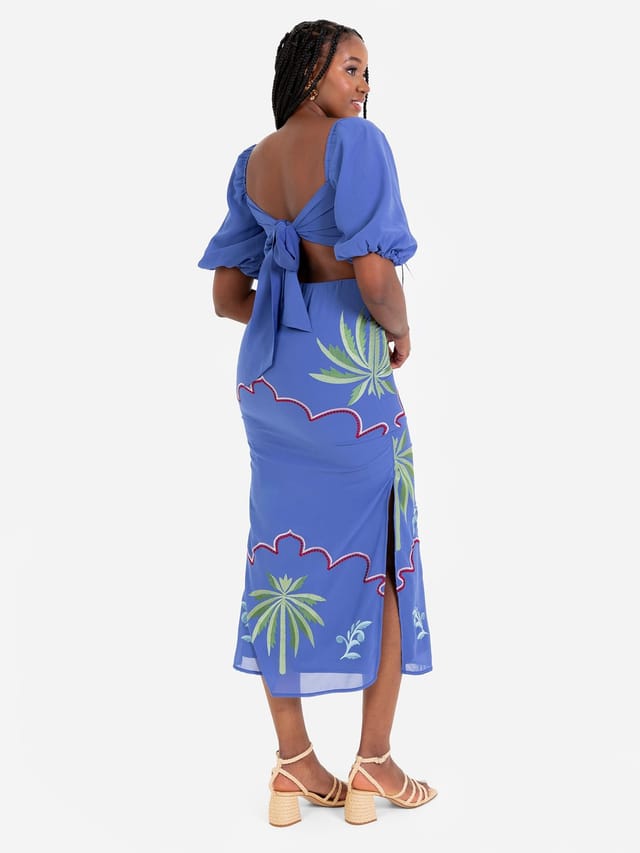 Maya Deluxe Maya Deluxe Women's Embroidered Tie Back Midaxi Dress in Blue - 3
