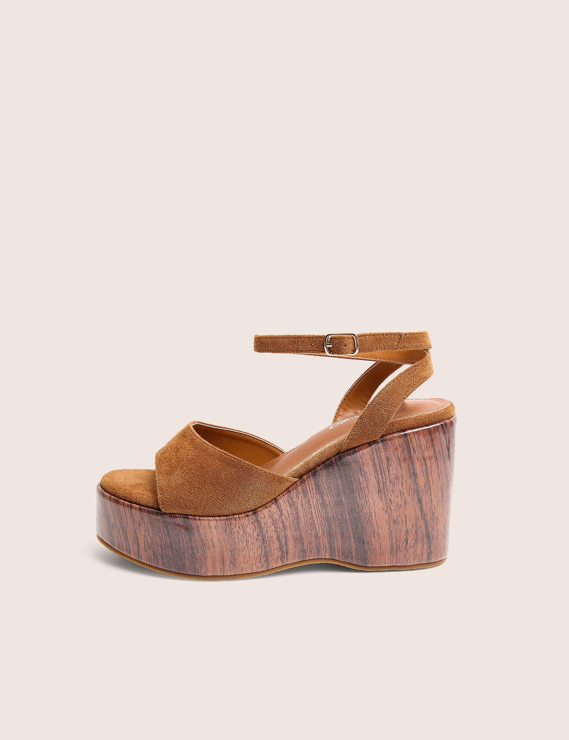 Public Desire Aluna Tan Faux Suede Wooden Wedge Heels