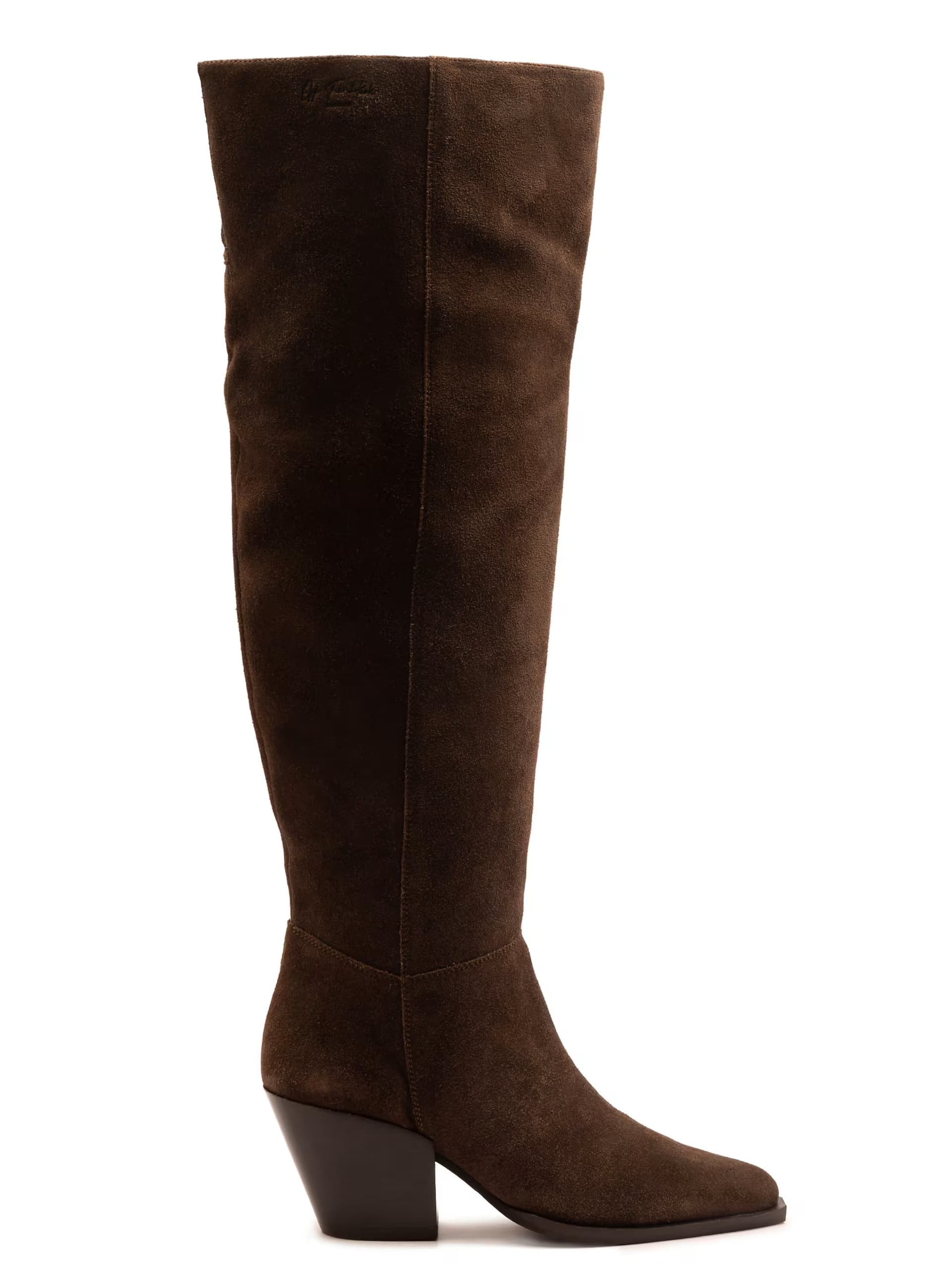 ASOS Off The Hook Scores suede leather over-the-knee block heel boots with side zip in brown