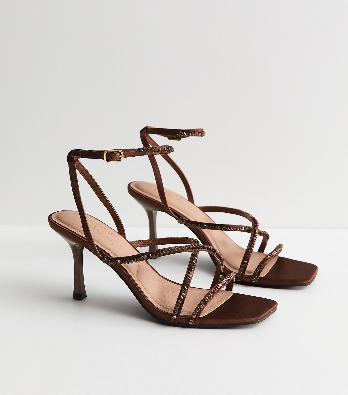 New Look Women's Dark Brown Beaded Strap Stiletto Sandals Vegan New Look - 3