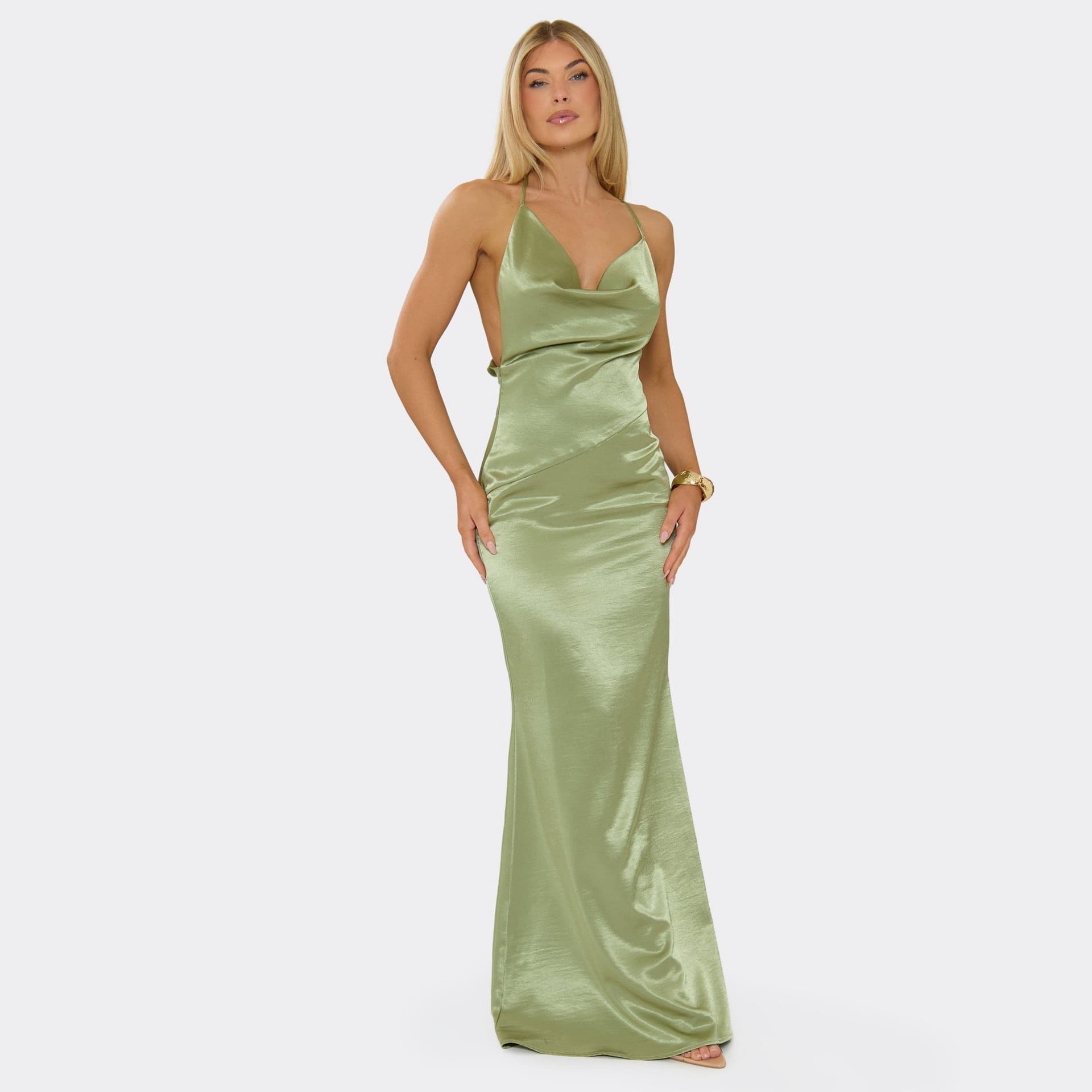 EGO Cowl Front Asymmetric Seam Maxi Dress In Sage Green, Women's Size UK 6