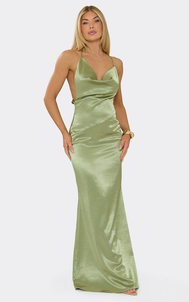 EGO Cowl Front Asymmetric Seam Maxi Dress In Sage Green, Women's Size UK 6 - 2