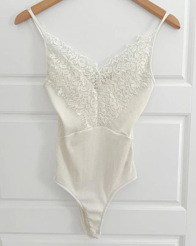 Topshop Topshop Women’s Ribbed Lace Trim Bodysuit Cami UK 8 Elegant Fitted