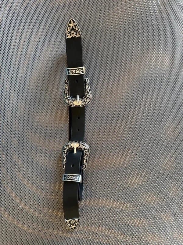 ASOS Black Genuine Leather Double Buckle Western Belt with Silver Engraved Detail – New