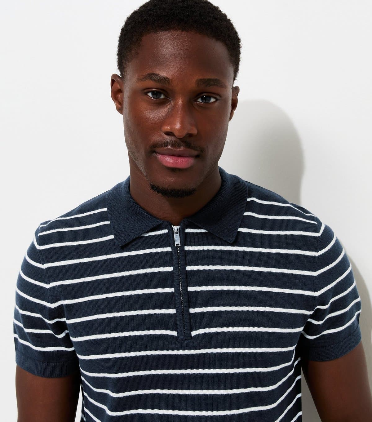 New Look Men's Blue Cotton Rich Regular Fit Striped Zip Polo Shirt New Look