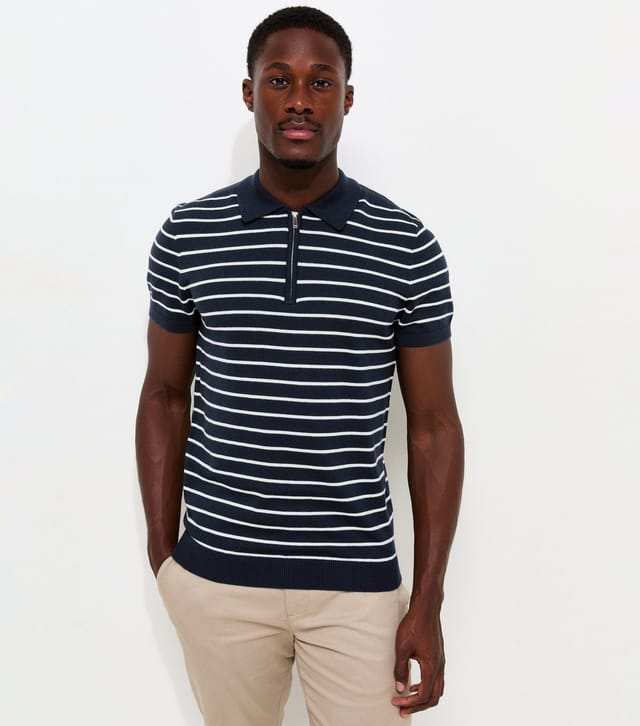 New Look Men's Blue Cotton Rich Regular Fit Striped Zip Polo Shirt New Look - 2