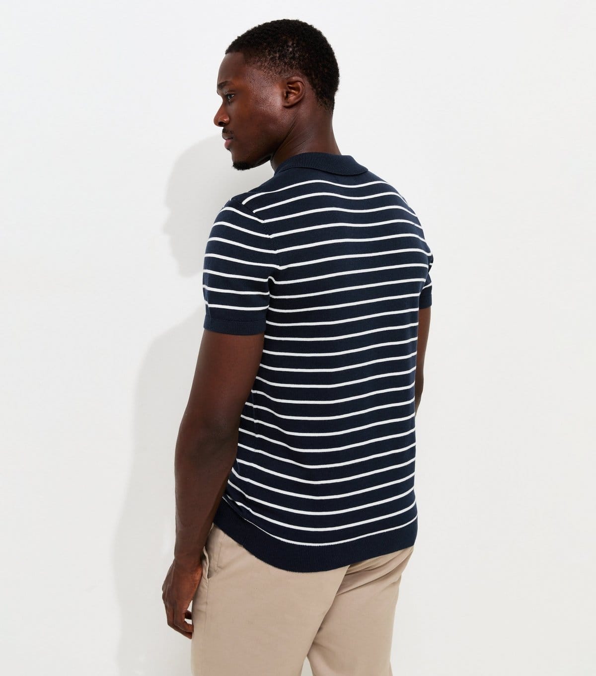 New Look Men's Blue Cotton Rich Regular Fit Striped Zip Polo Shirt New Look - 4