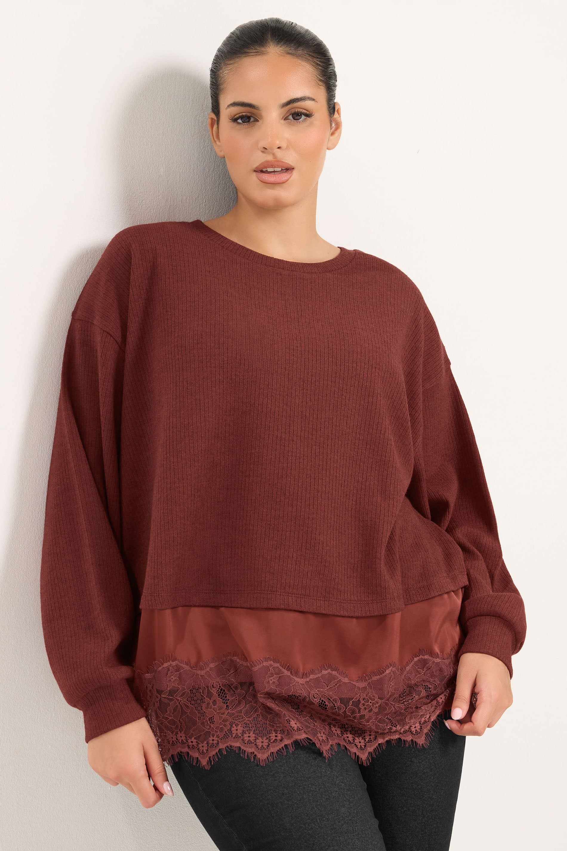 Yours Plus Size Rust Orange Lace Hem Top