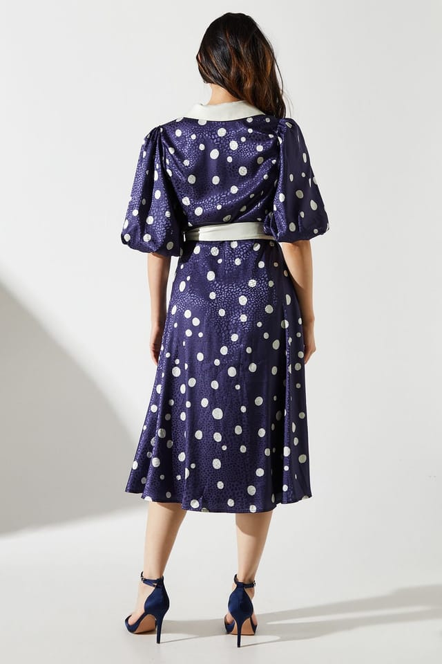 Coast Coast Women's Short Sleeve Satin Polka-Dot Wrap Dress in Navy - 3