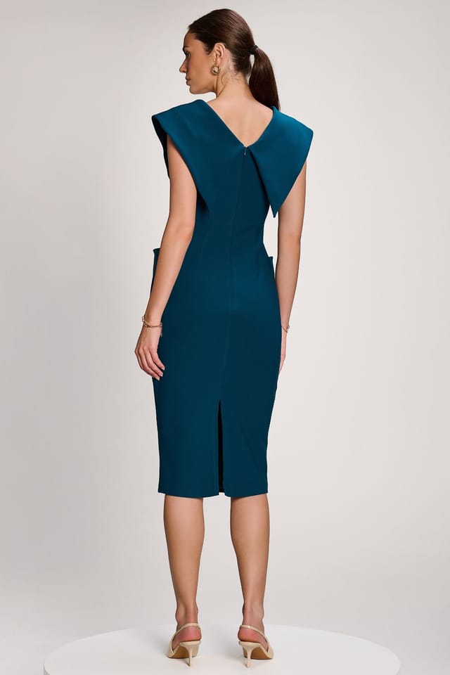 Jolie Moi Jolie Moi Women's Statement Collar Hourglass Midi Dress in Teal - 2