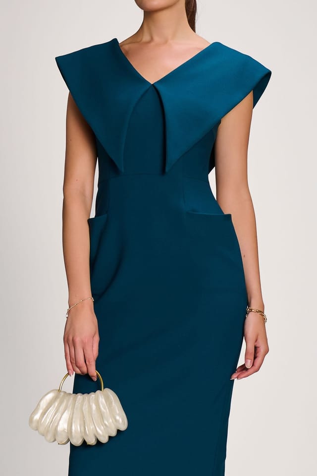 Jolie Moi Jolie Moi Women's Statement Collar Hourglass Midi Dress in Teal - 3