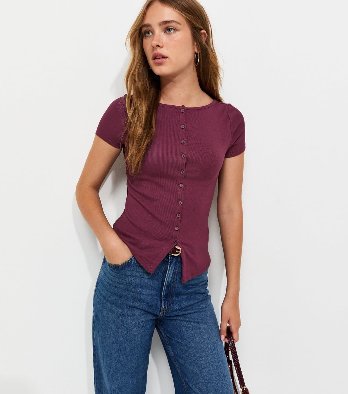 New Look Women's Dark Burgundy Cotton Rich Button Through Baby Tee T-Shirt New Look