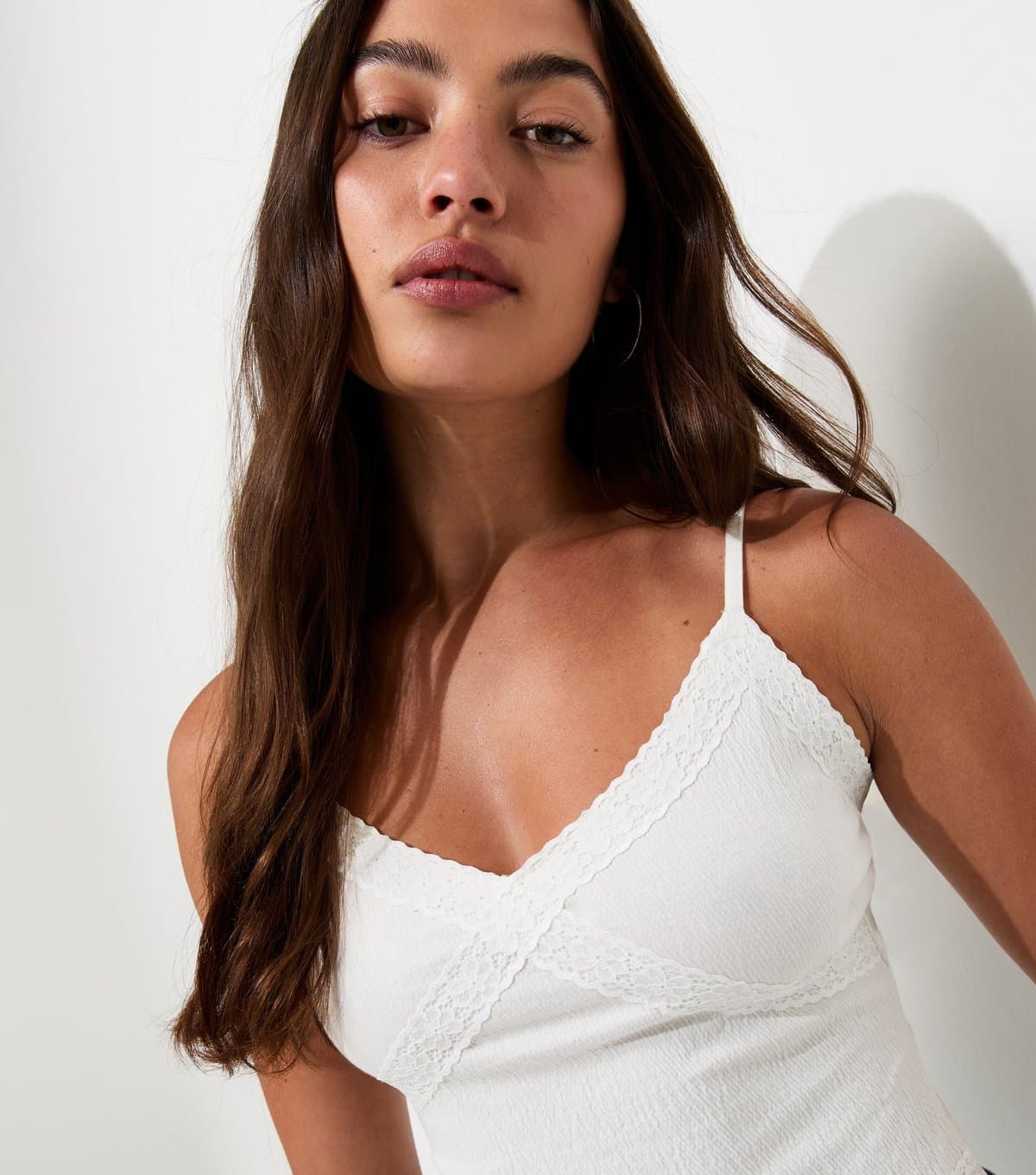 New Look New Look White Crinkle Texture Lace Trim Cami Top
