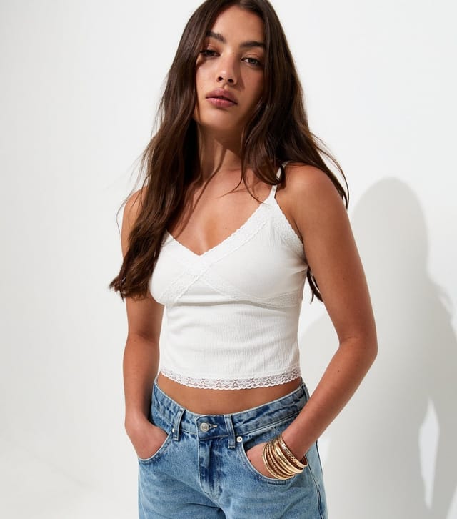 New Look Women's White Cotton Rich Crinkle Texture Lace Trim Cami Top New Look - 2