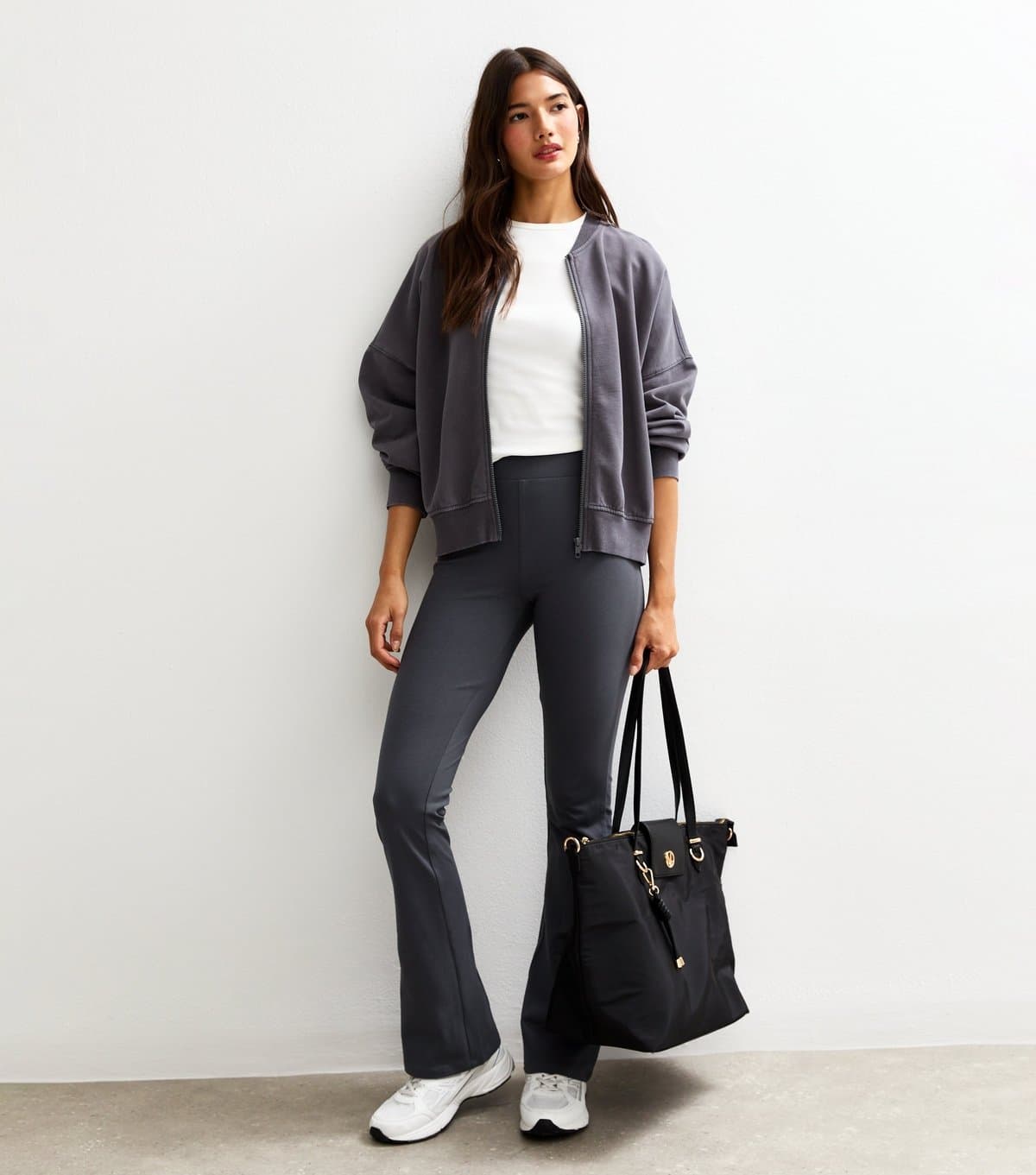 New Look Women's Grey High Waist Jersey Kick Flare Leggings New Look