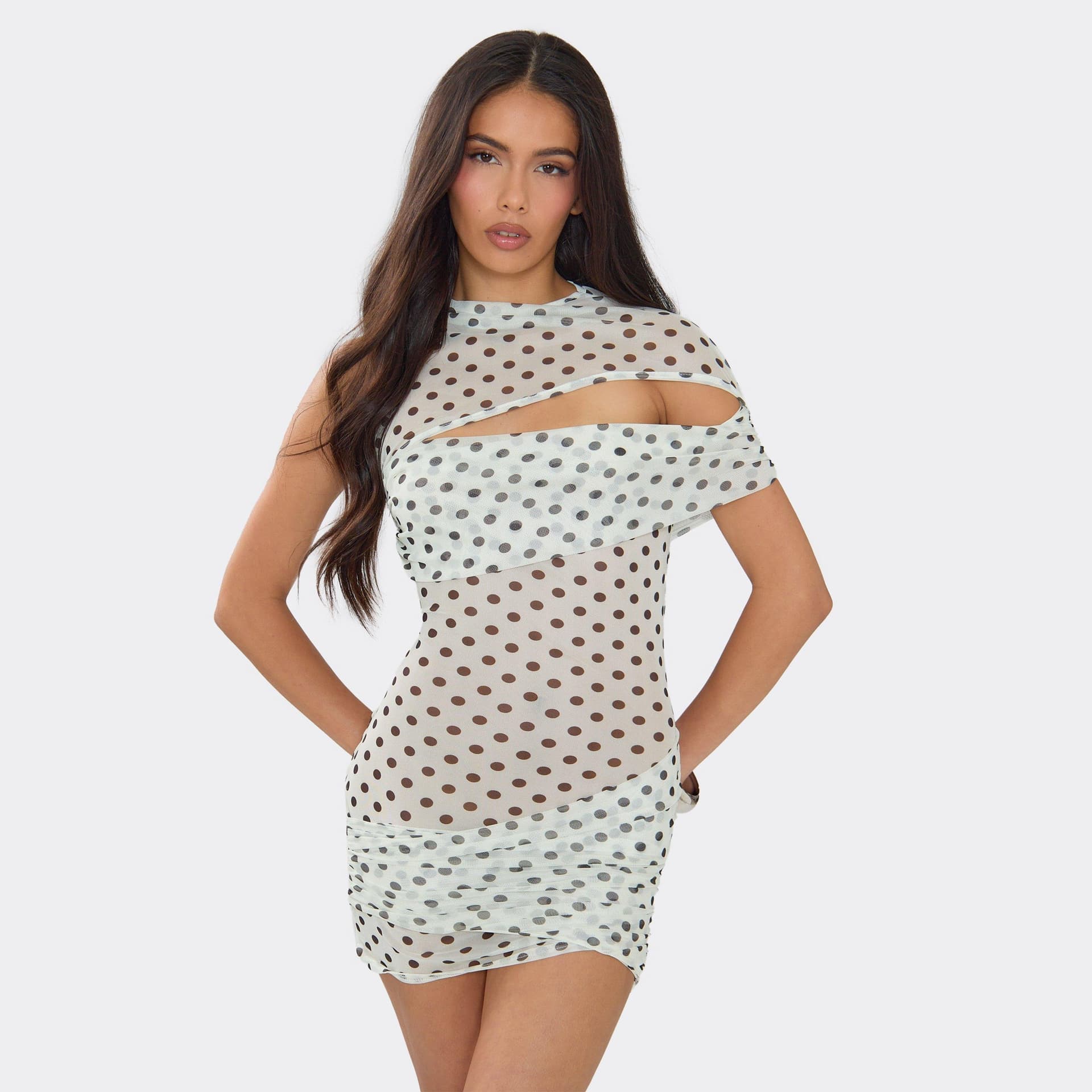 EGO One Shoulder Cut Out Mini Dress In White Polka Dot Mesh, Women's Size UK 6
