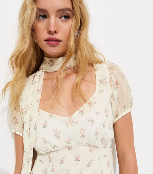 New Look Women's Cream Chiffon Floral Mini Dress with Scarf New Look - 3