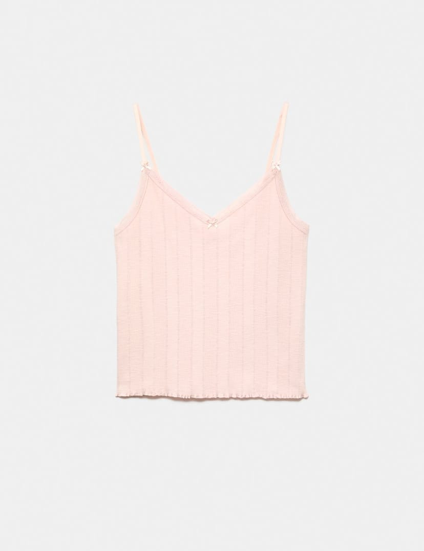 Marks & Spencer M&S Slub Pointelle Lace Cami Pyjama Top Pink Shell - 1