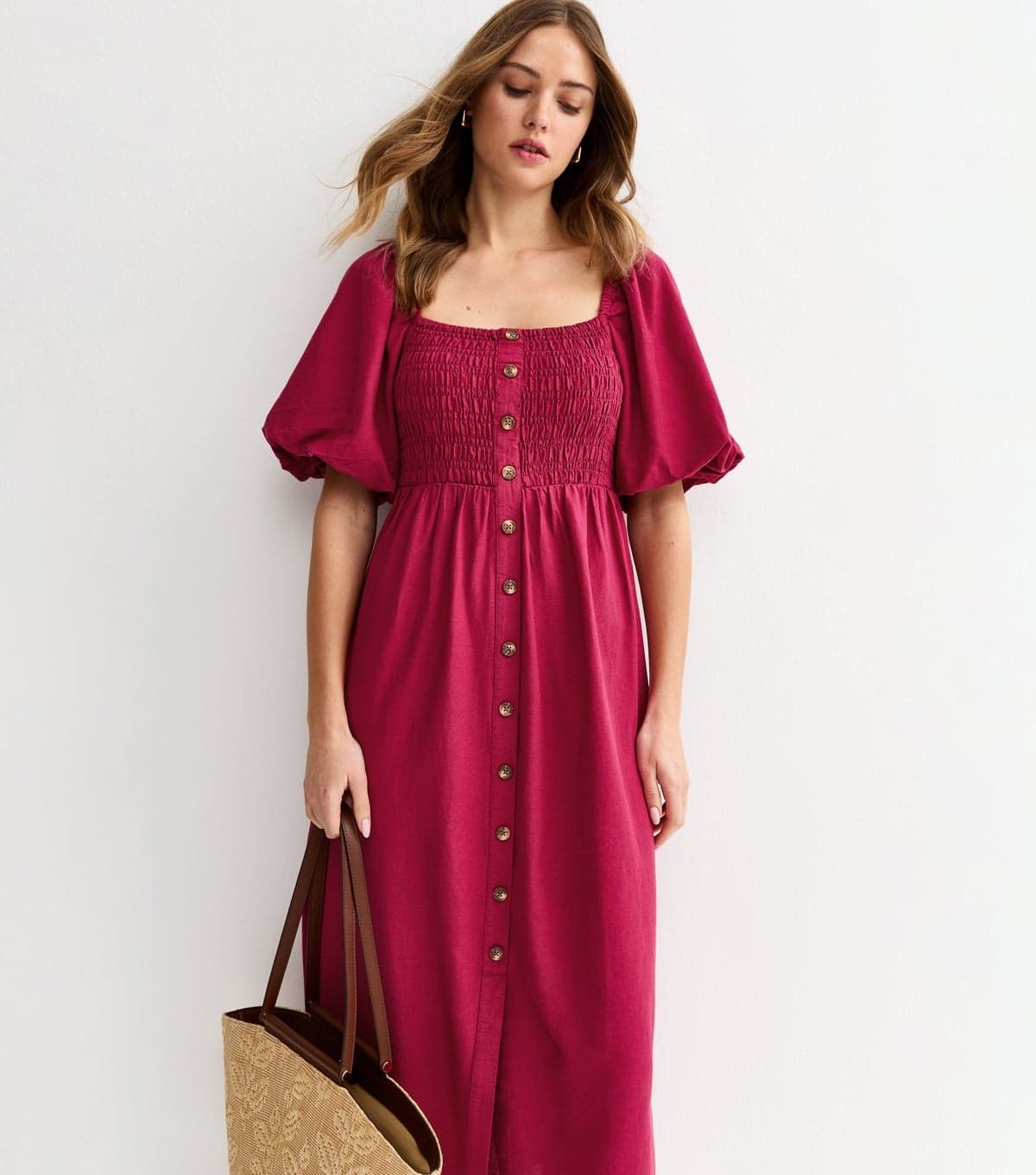 New Look Women's Light Burgundy Faux Button Milkmaid Midi Dress New Look