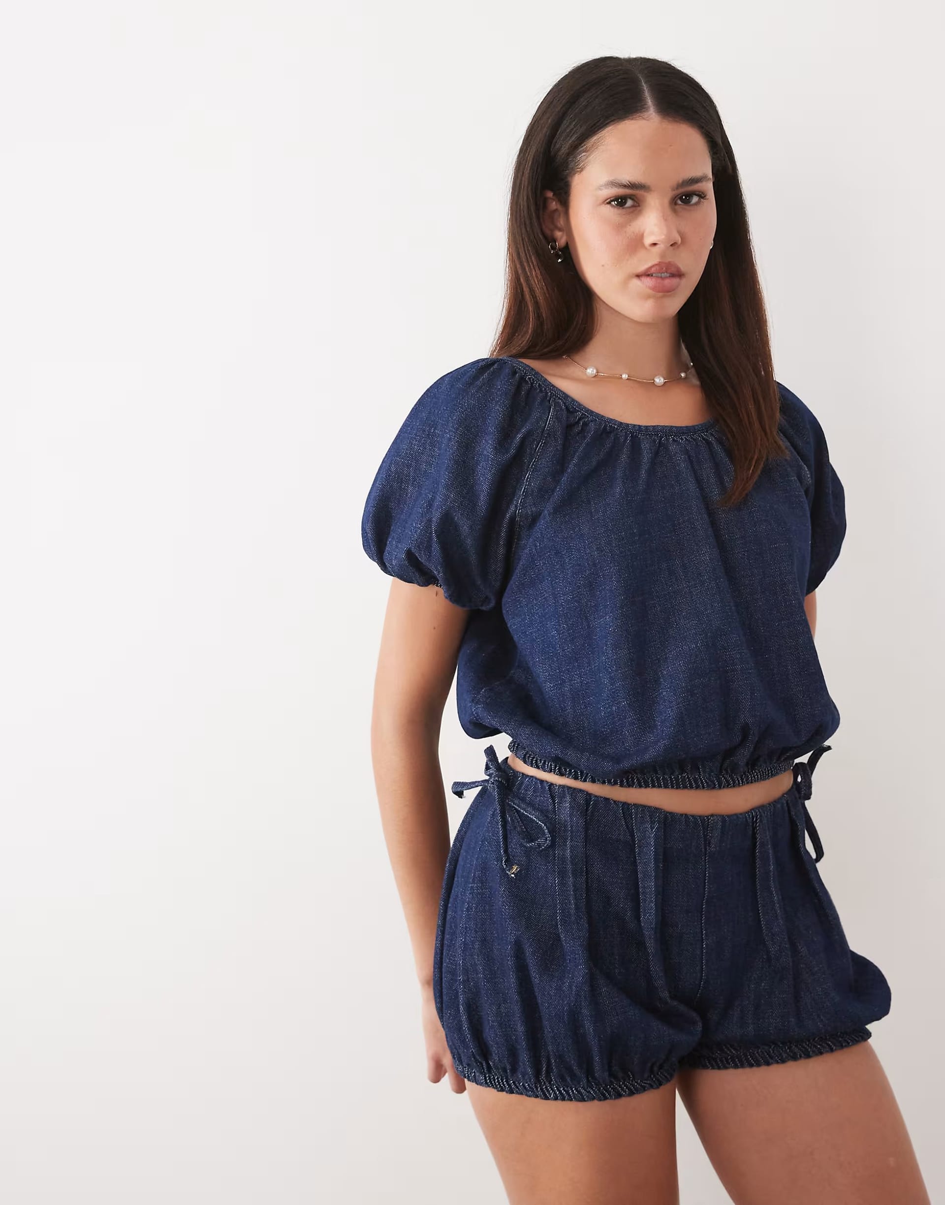 ASOS Denim Bubble Hem Top Co-ord in Mid Blue