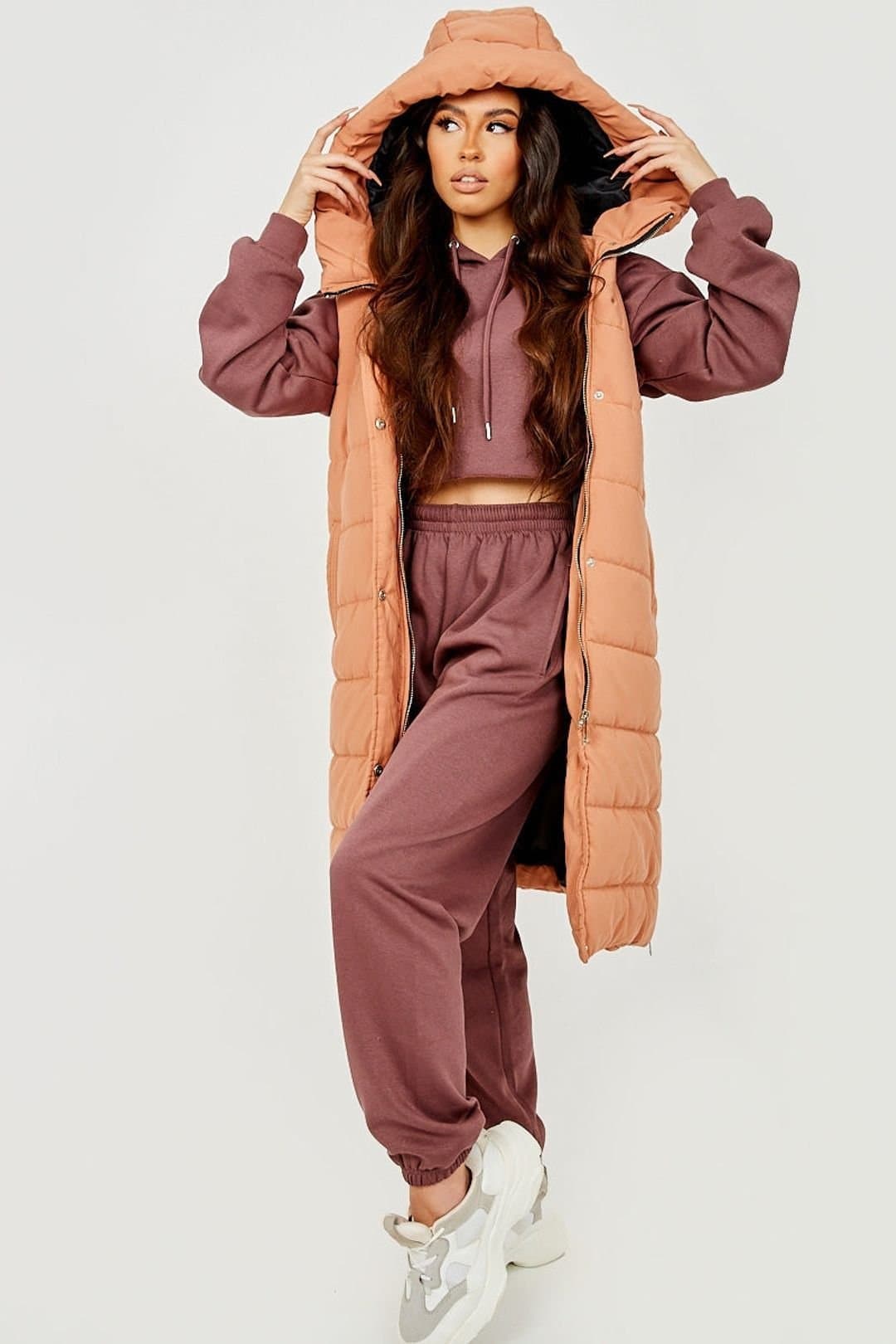 STYLEWISE STYLEWISE Women's Padded Zip-Up - Longline - Hooded Gilet in Camel