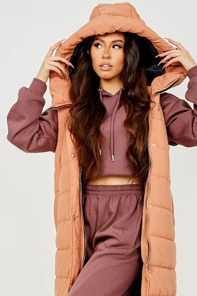 STYLEWISE STYLEWISE Women's Padded Zip-Up - Longline - Hooded Gilet in Camel - 2