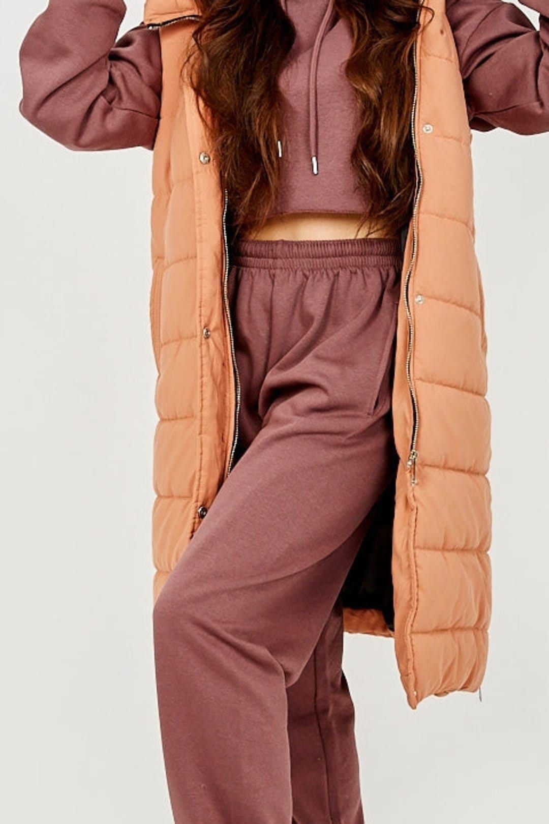 STYLEWISE STYLEWISE Women's Padded Zip-Up - Longline - Hooded Gilet in Camel - 4