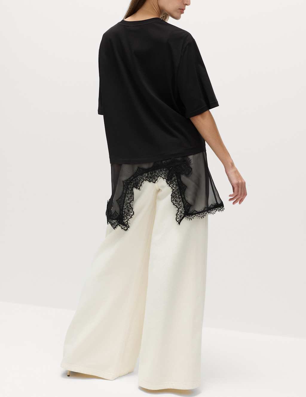 Marks & Spencer M&S Cotton Blend Lace Hem Detail T-Shirt Black - 2