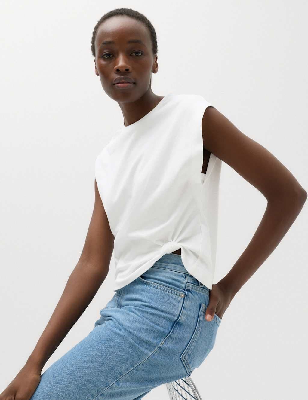 Marks & Spencer M&S Pure Cotton Knot Detail T-Shirt Soft White