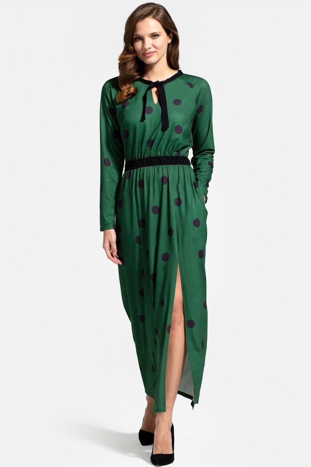 Hot Squash Hot Squash Women's Long Sleeve Maxi Dress with Neck Tie in Dark Green