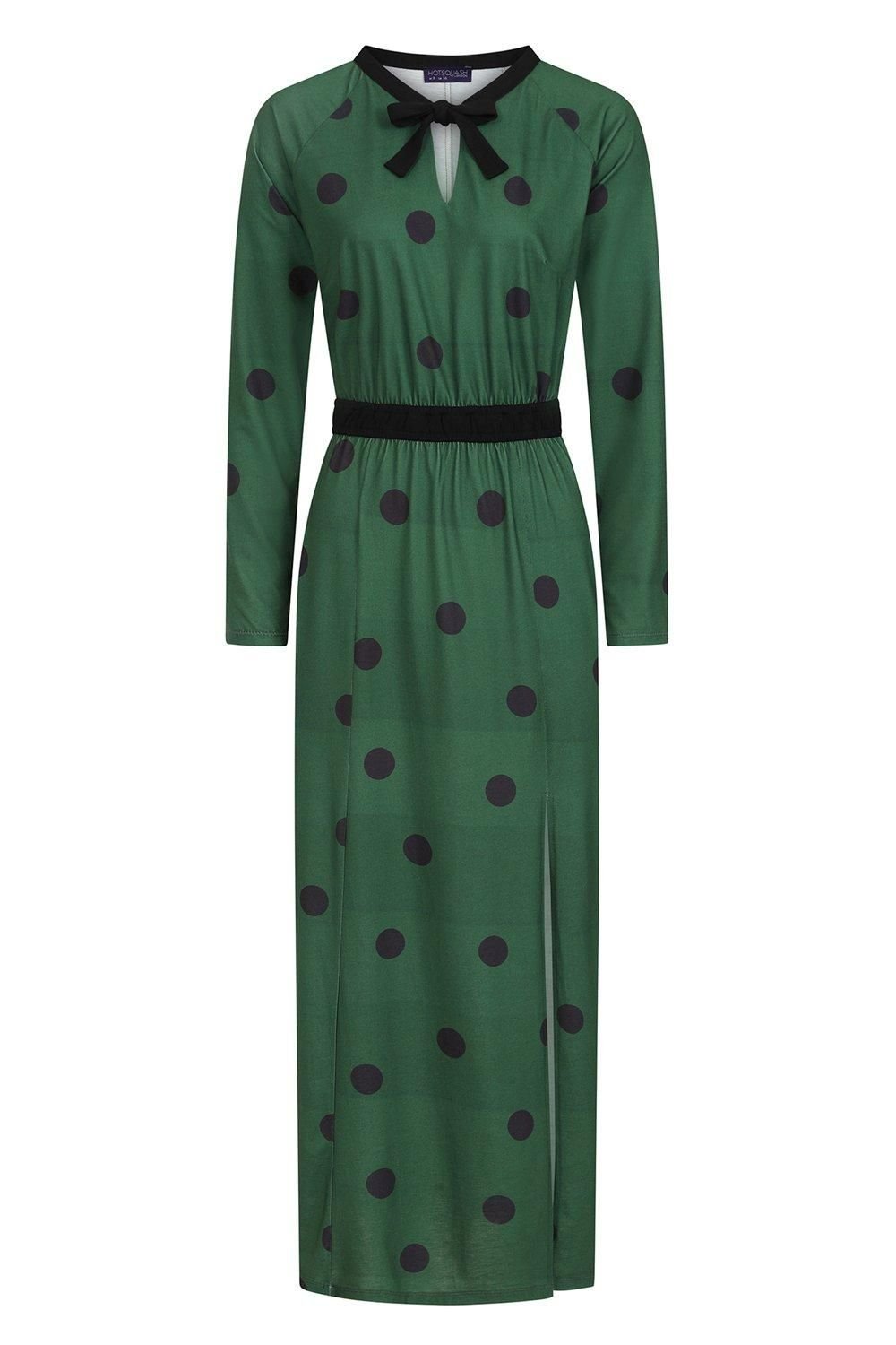 Hot Squash Hot Squash Women's Long Sleeve Maxi Dress with Neck Tie in Dark Green - 3