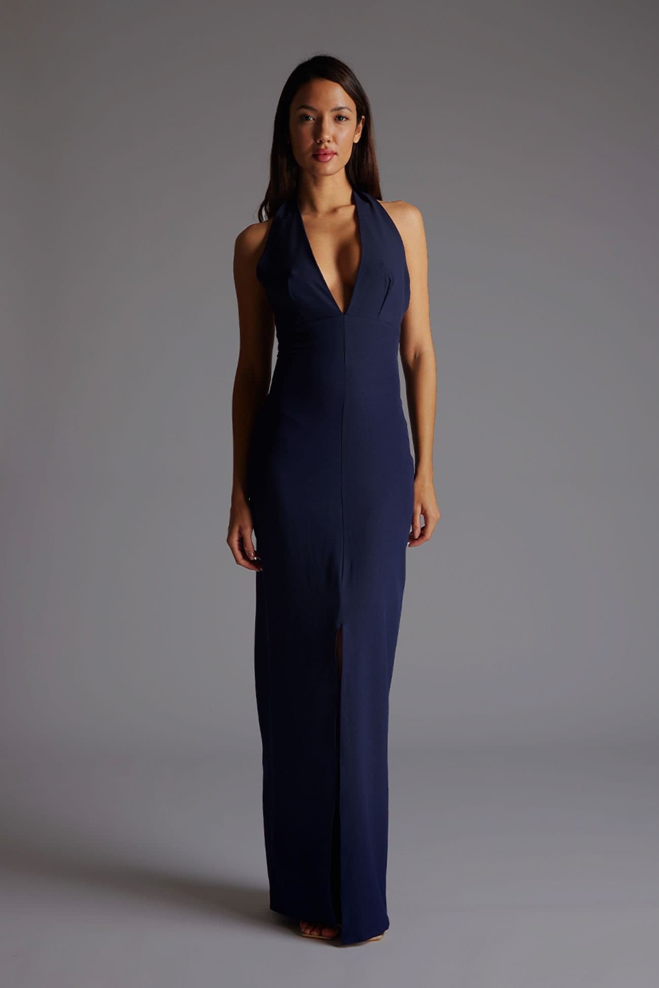 Vesper Vesper Women's Halterneck Maxi Dress with Front Split in Navy