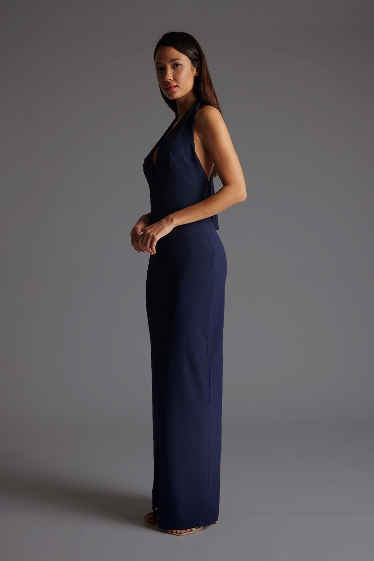 Vesper Vesper Women's Halterneck Maxi Dress with Front Split in Navy - 2