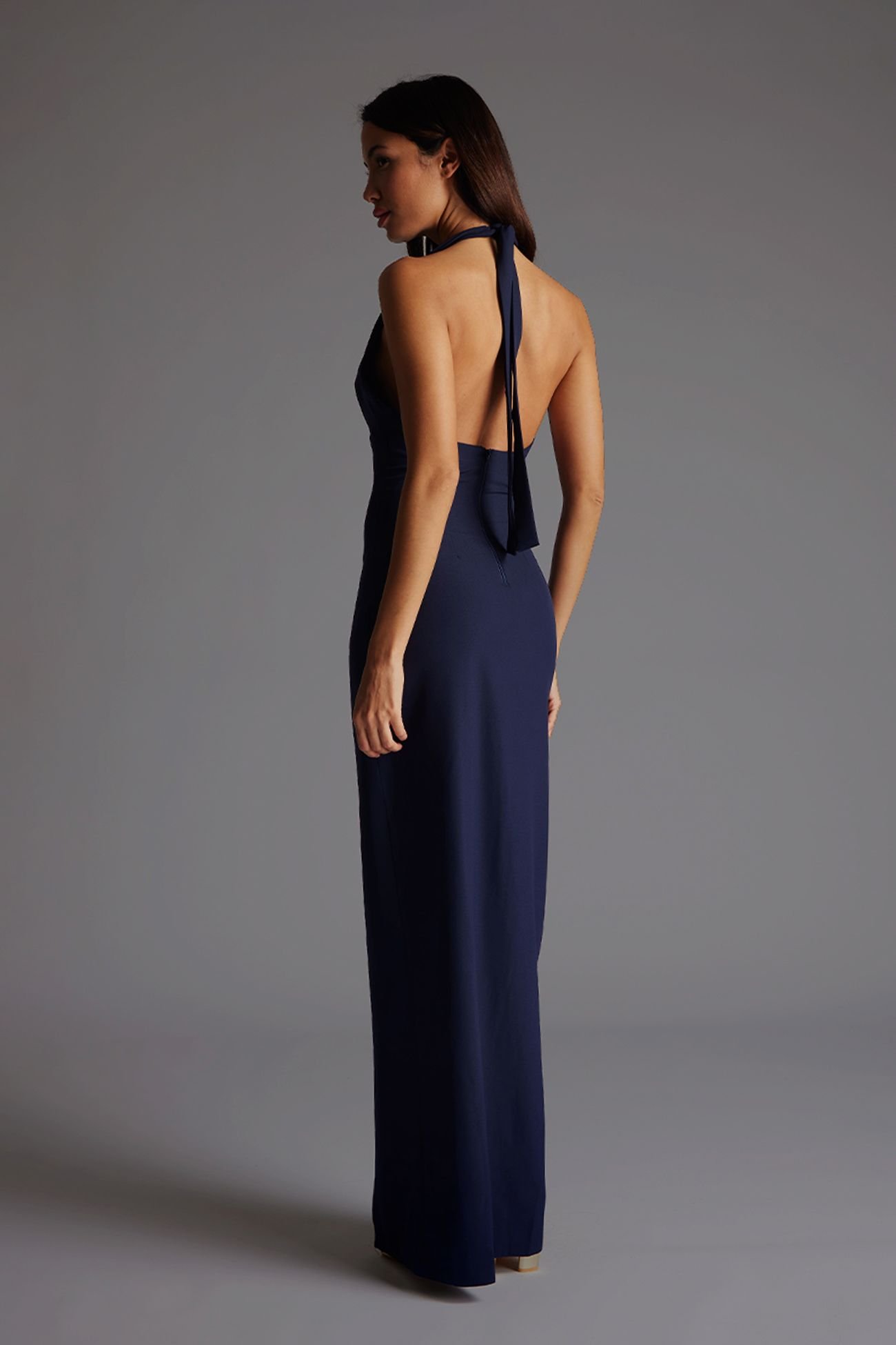 Vesper Vesper Women's Halterneck Maxi Dress with Front Split in Navy - 3