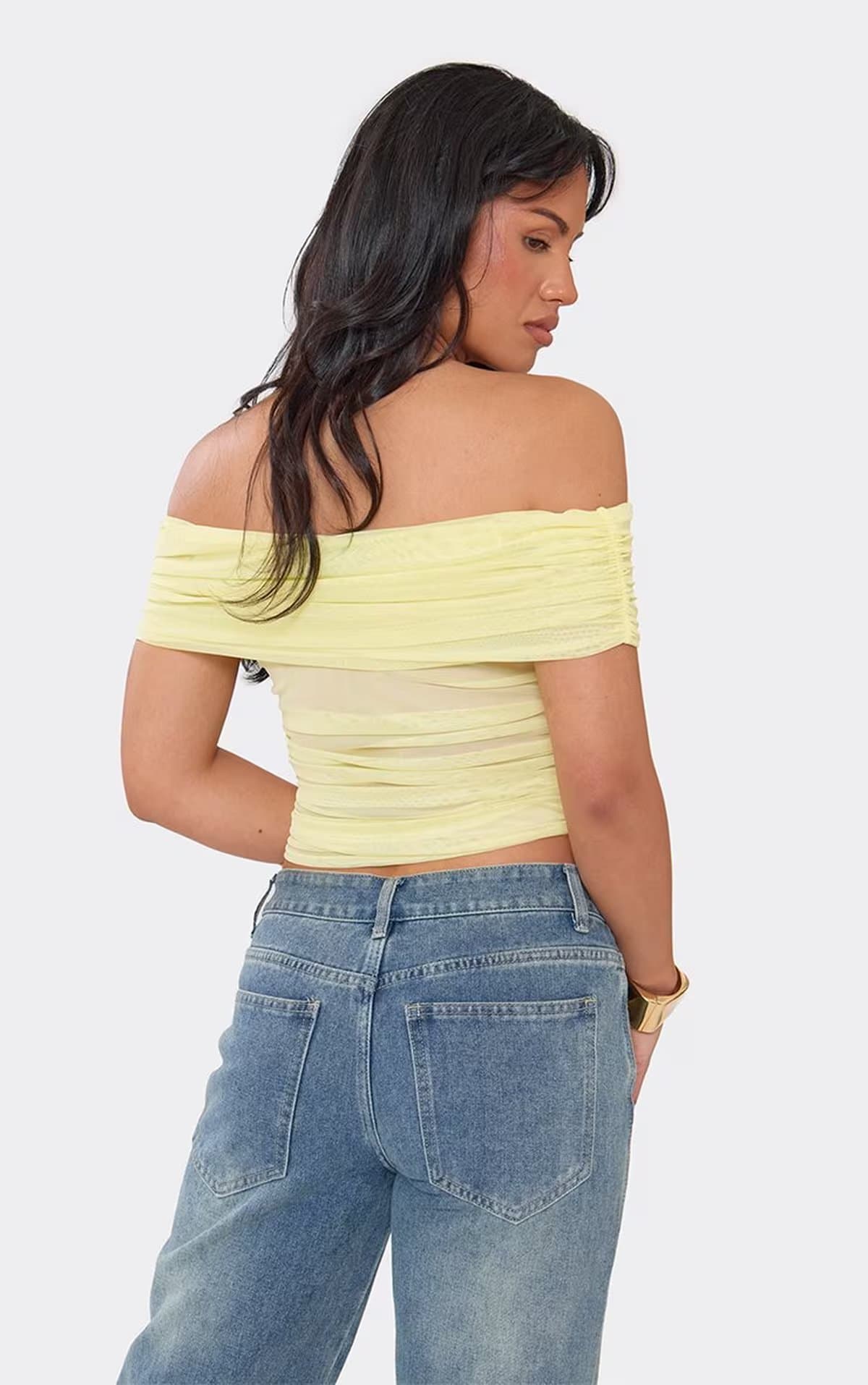 EGO Bardot Ruched Top In Lemon Mesh, Women's Size UK 6