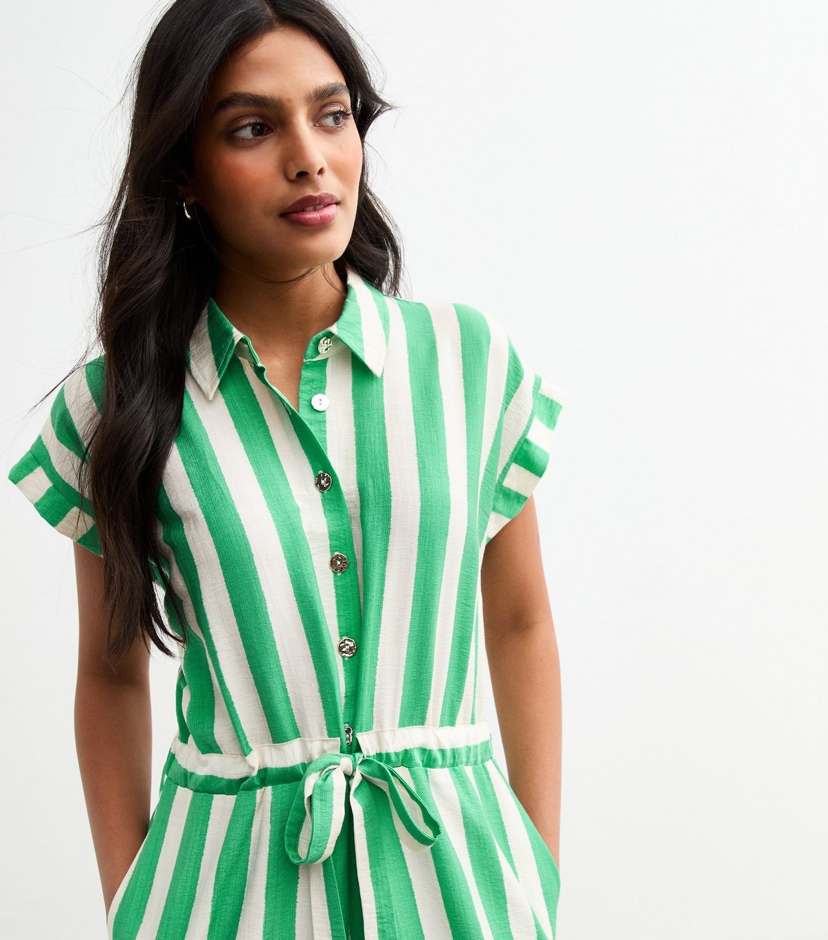 New Look Women's Green Stripe Print Tie Front Shirt Dress New Look - 3