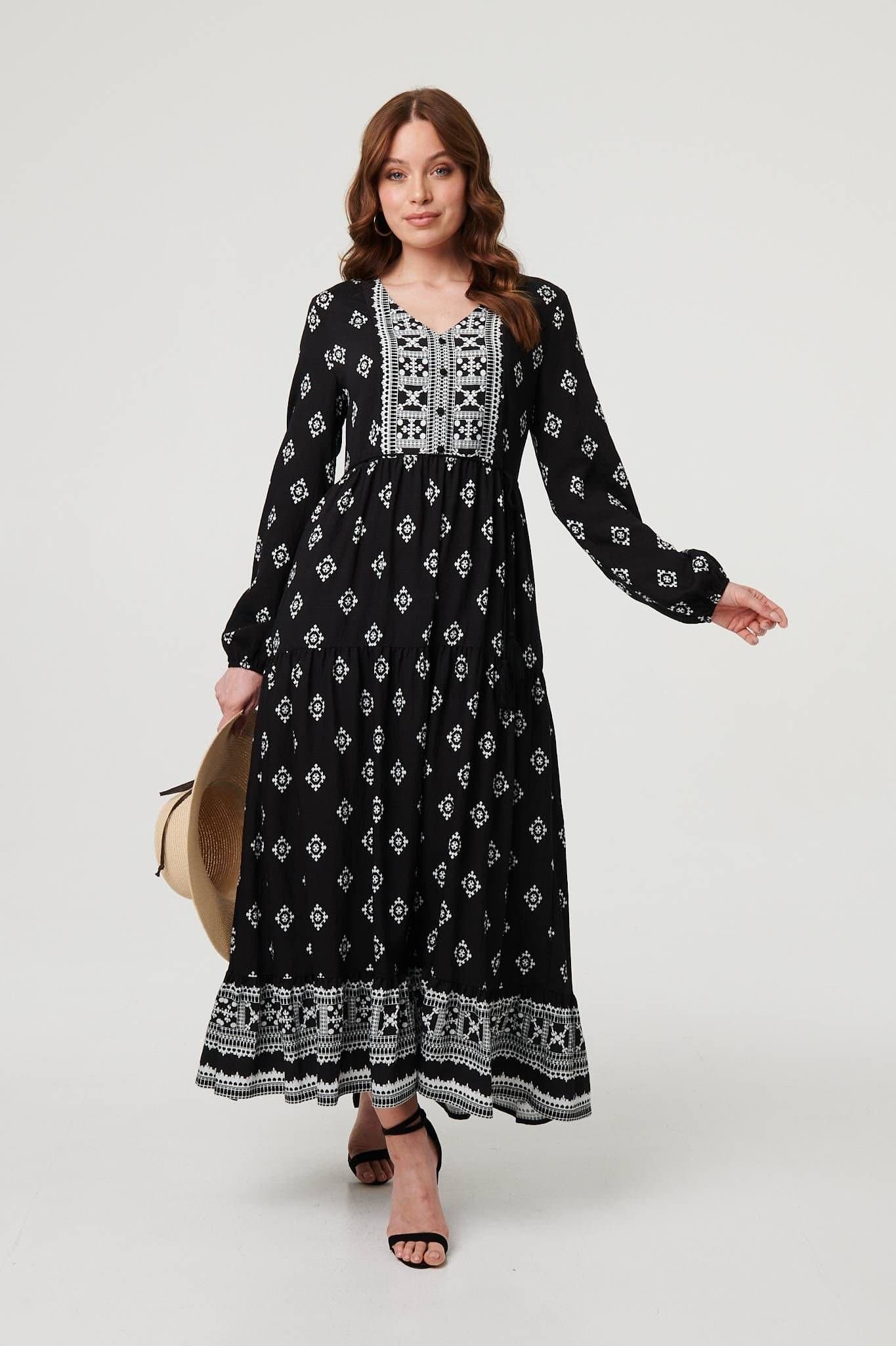 Izabel London Izabel London Women's V-Neck Puff Sleeve Shirred Bodice Boho Dress in Black