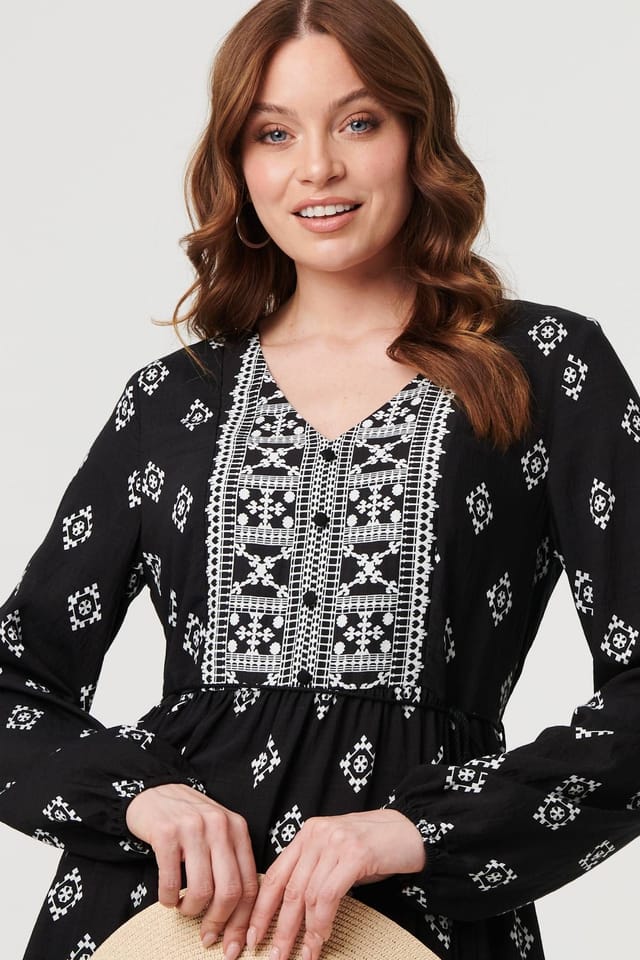 Izabel London Izabel London Women's V-Neck Puff Sleeve Shirred Bodice Boho Dress in Black - 2