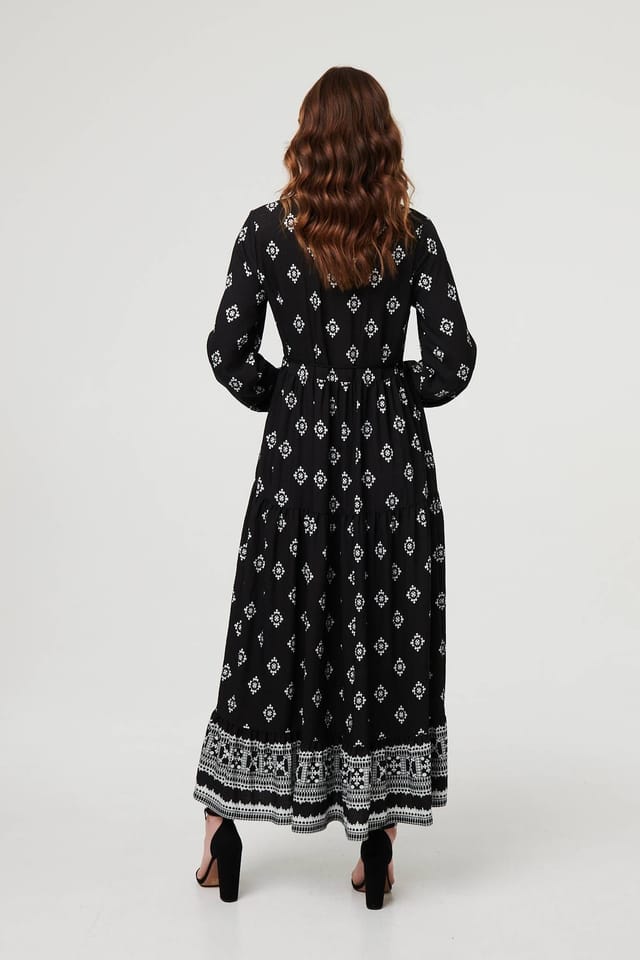 Izabel London Izabel London Women's V-Neck Puff Sleeve Shirred Bodice Boho Dress in Black - 3