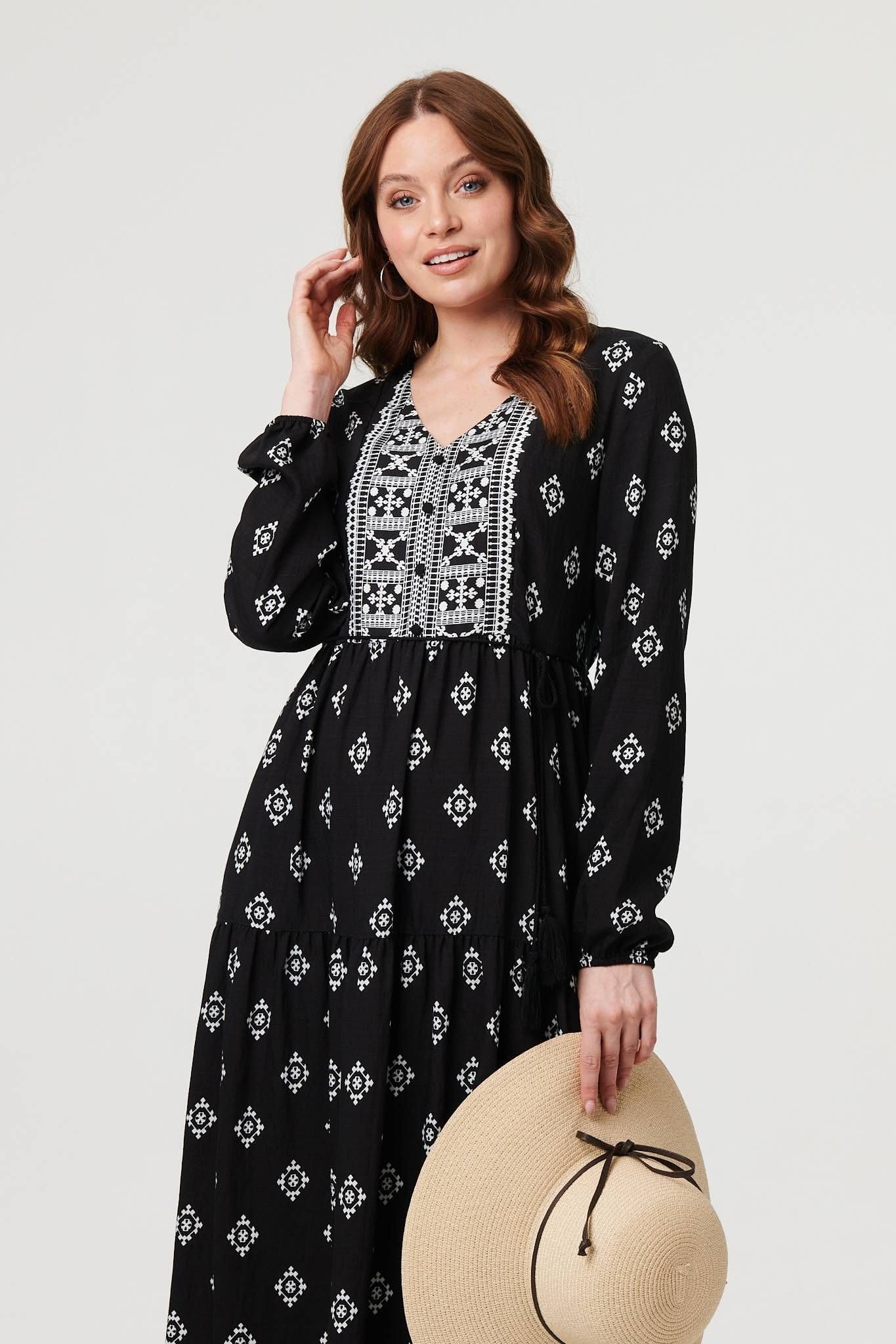Izabel London Izabel London Women's V-Neck Puff Sleeve Shirred Bodice Boho Dress in Black - 4