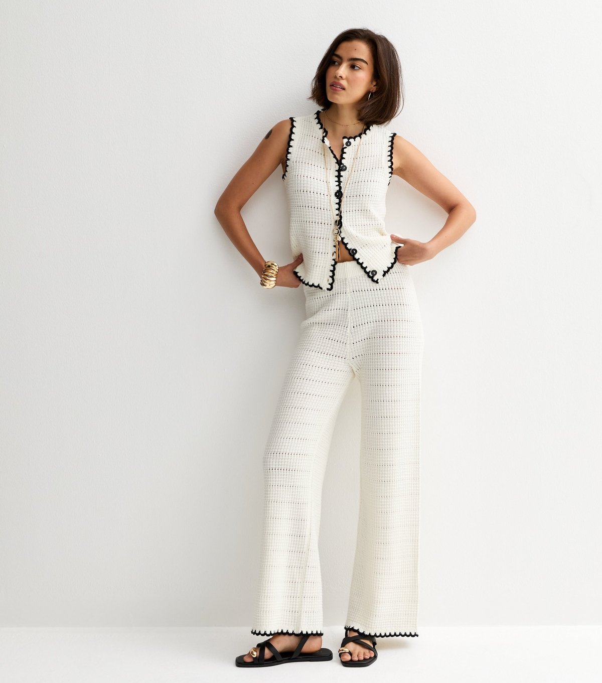 New Look Women's Cream Cotton Rich Blanket Stitch Wide Leg Trousers New Look - 2