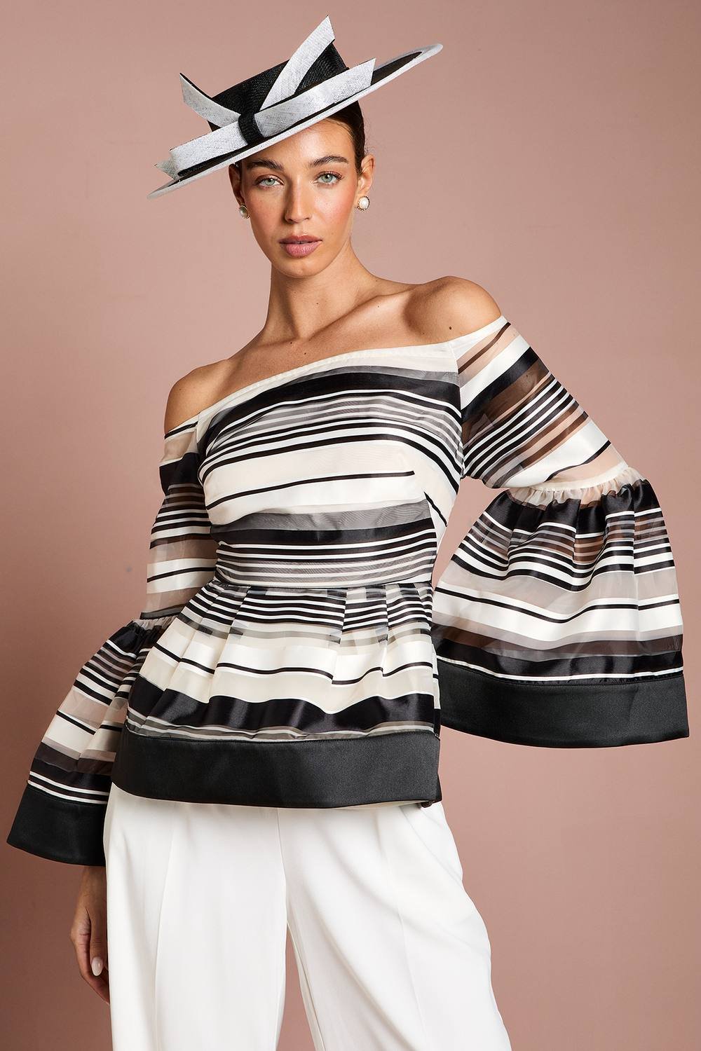 Coast Coast Women's Lisa Tan Striped Organza Statement Blouse in Mono - 2