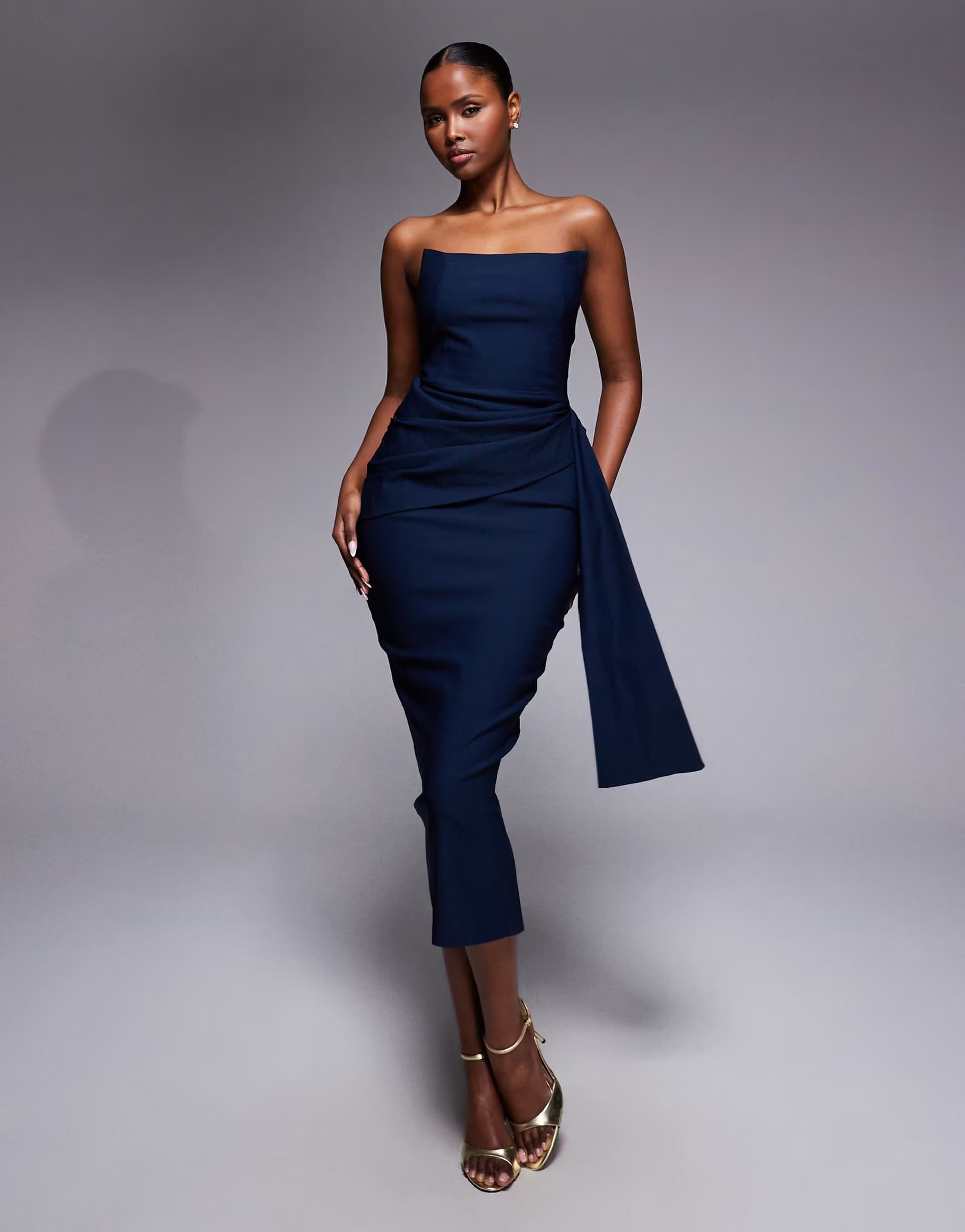 ASOS Vesper bengaline bandeau square edge drape front  midi dress in navy