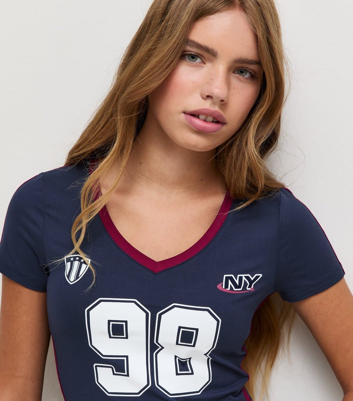 New Look Girls' Navy 98 NY Print Soft Touch Fitted Football Top New Look