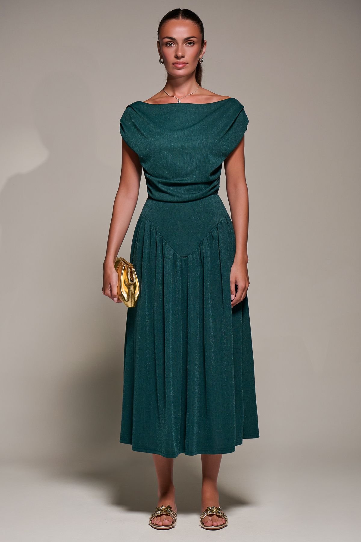 Jolie Moi Jolie Moi Women's Asymmetric Neckline Midaxi Dress in Dark Green - 2